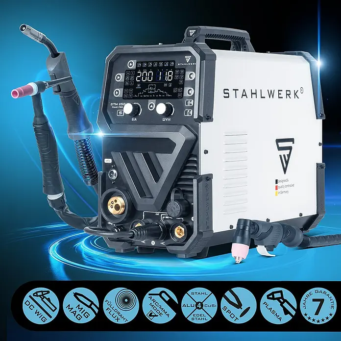 STAHLWERK Kombi-Schweißgerät CTM-250 Puls Pro - Schweißstrom: 200 A - Weiß-schwarzes STAHLWERK CTM 250 PULS PRO Multifunktions-Schweißgerät mit MIG-, WIG- und Plasmaschneidbrennern.