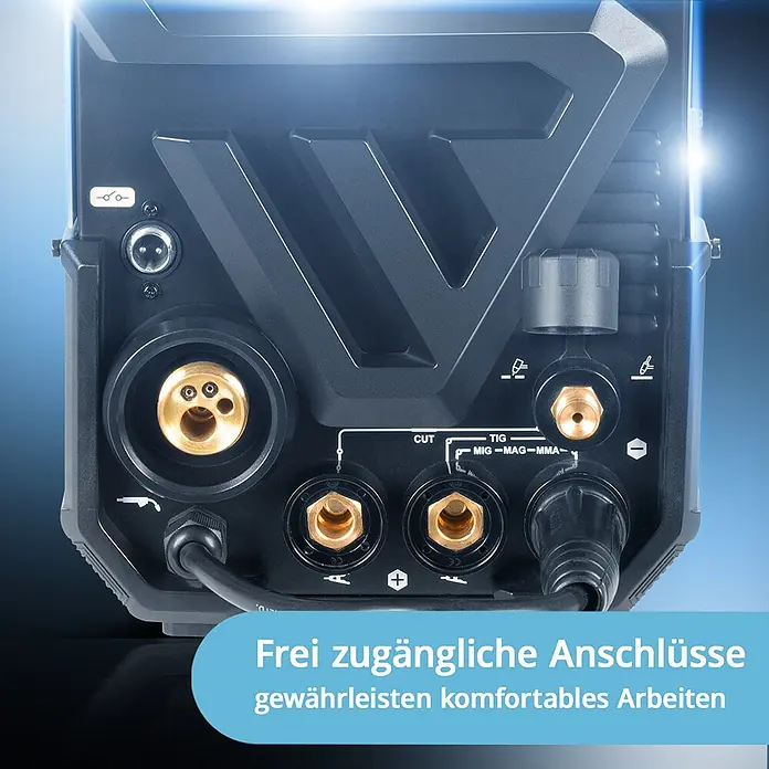 STAHLWERK Kombi-Schweißgerät CTM-250 Puls Pro - Schweißstrom: 200 A - Rückseite eines dunkelgrauen Schweißgeräts mit goldfarbenen Anschlüssen für TIG, MIG-MAG, MMA und CUT.