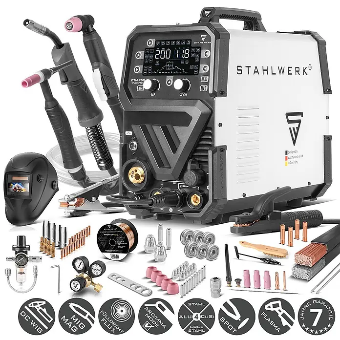STAHLWERK Kombi-Schweißgerät CTM-250 Puls Pro - Schweißstrom: 200 A - STAHLWERK CTM 250 PULS PRO Multischweißgerät (weiß/schwarz) mit komplettem Zubehörset für WIG-, MIG- und Plasmaschweißen.