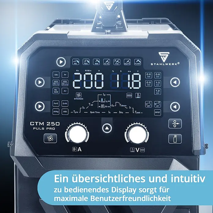 STAHLWERK Kombi-Schweißgerät CTM-250 Puls Pro - Schweißstrom: 200 A - Nahaufnahme des Bedienfelds einer Stahlwerk CTM 250 Puls Pro Schweißmaschine mit Digitalanzeige, Tasten und zwei Drehknöpfen.