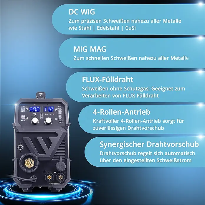 STAHLWERK Kombi-Schweißgerät MTM-200 ST - Schweißstrom: 200 A - Grau-schwarzes Mehrprozess-Schweißgerät mit Digitalanzeige, das seine vielseitigen Funktionen hervorhebt.