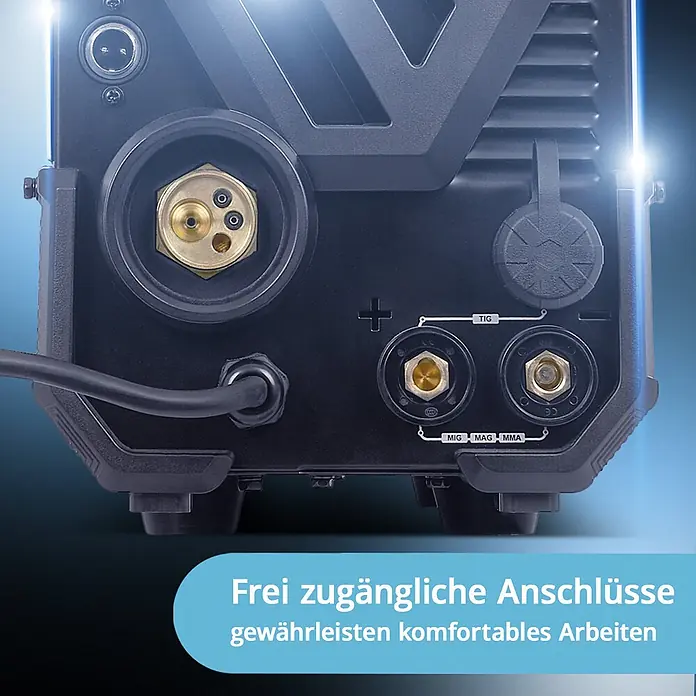 STAHLWERK Kombi-Schweißgerät Kombi-Schweißgerät MTM-200 ST Vollausstattung - Schweißstrom: 200 A - Rückseite einer schwarzen Schweißmaschine mit gekennzeichneten Messing-MIG/MAG/MMA-, WIG- und Gasanschlüssen für einfache Handhabung.