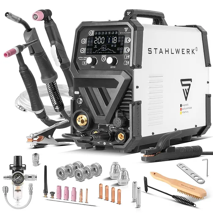 STAHLWERK Kombi-Schweißgerät CTM-250 Puls Pro - Schweißstrom: 200 A - Weiße und schwarze STAHLWERK CTM 250 PULS PRO Multifunktions-Schweißmaschine mit umfangreichem Zubehör.
