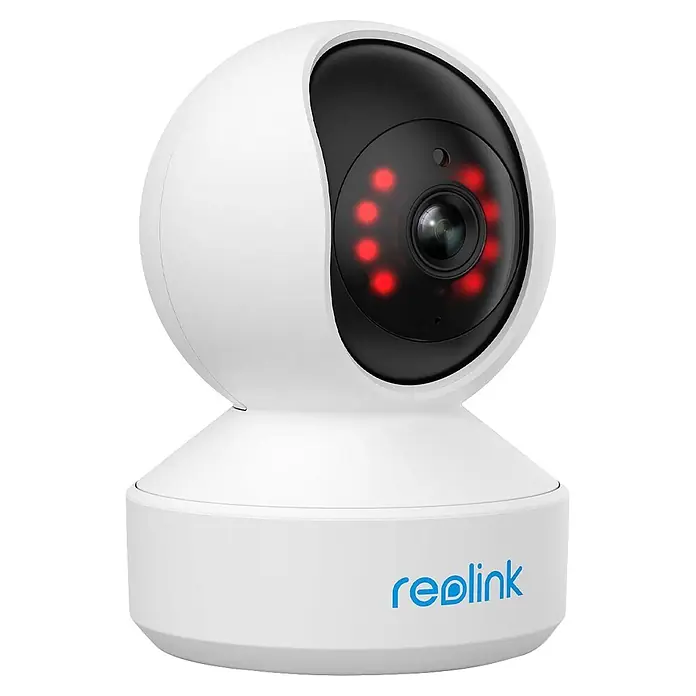 Reolink Überwachungskamera E330 5 MP WLAN -  - Weiße, kugelförmige Reolink Überwachungskamera mit schwarzer Linse und roten Infrarotlichtern auf passendem Sockel.