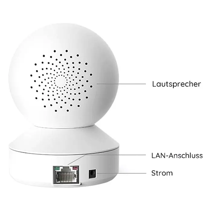 Reolink Überwachungskamera E330 5 MP WLAN -  - Weißes sphärisches Gerät mit Lautsprecherlöchern, LAN-Anschluss und Stromeingang.
