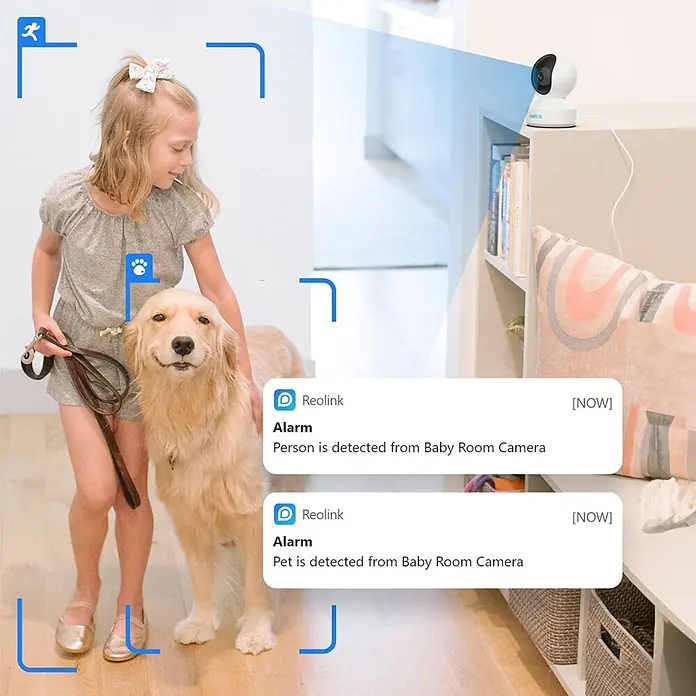 Reolink Überwachungskamera E330 5 MP WLAN -  - Weiße Reolink Überwachungskamera überwacht einen Raum und erkennt ein Mädchen und ihren Hund, sendet Benachrichtigungen.