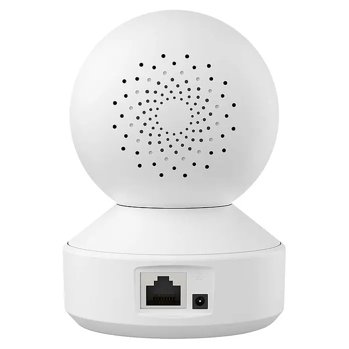 Reolink Überwachungskamera E330 5 MP WLAN -  - Weiße kugelförmige Überwachungskamera mit Lautsprechergitter, Ethernet-Anschluss und Stromeingang.