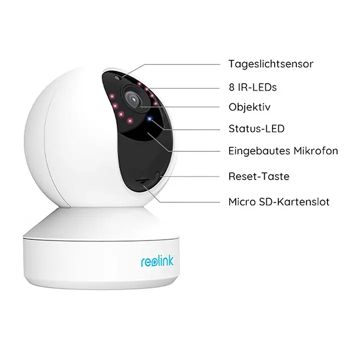 Reolink Überwachungskamera E330 5 MP WLAN -  - Weiße kugelförmige Überwachungskamera mit schwarzer Objektiveinheit, IR-LEDs, Mikrofon und sichtbarem SD-Kartensteckplatz.