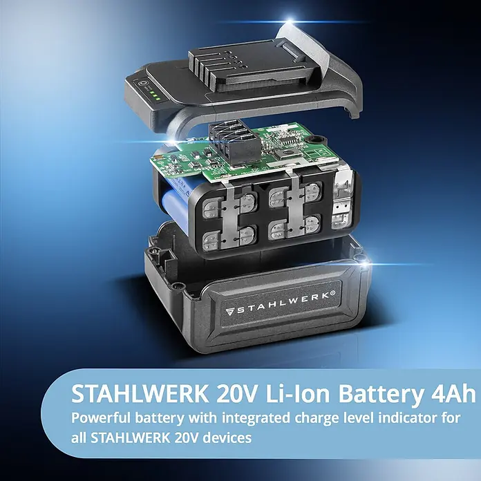 STAHLWERK Akku-Schlagschrauber 20V 800 Nm - 20 V, 4 Ah, 880 Nm - Explosionsdarstellung einer dunkelgrauen STAHLWERK 20V Li-Ion Batterie, zeigt Platine, blaue Zellen & Ladeanzeige.