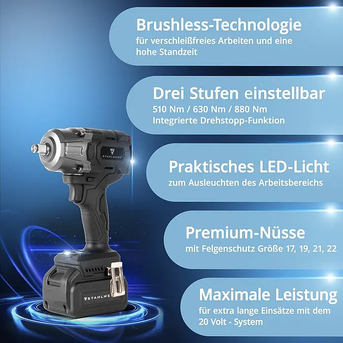 STAHLWERK Akku-Schlagschrauber 20V 800 Nm - 20 V, 4 Ah, 880 Nm - Ein schwarzer und grauer Akku-Schlagschrauber mit aufgestecktem Akku, der sein robustes Design zeigt.