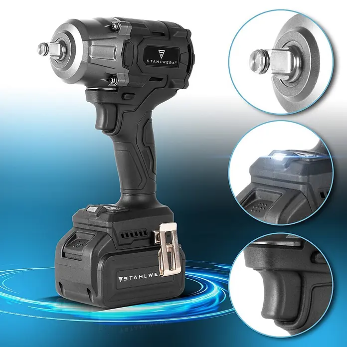 STAHLWERK Akku-Schlagschrauber 20V 800 Nm - 20 V, 4 Ah, 880 Nm - Schwarz-grauer Akku-Schlagschrauber mit Akku und Metallantrieb, mit beleuchteter LED und Gürtelclip.
