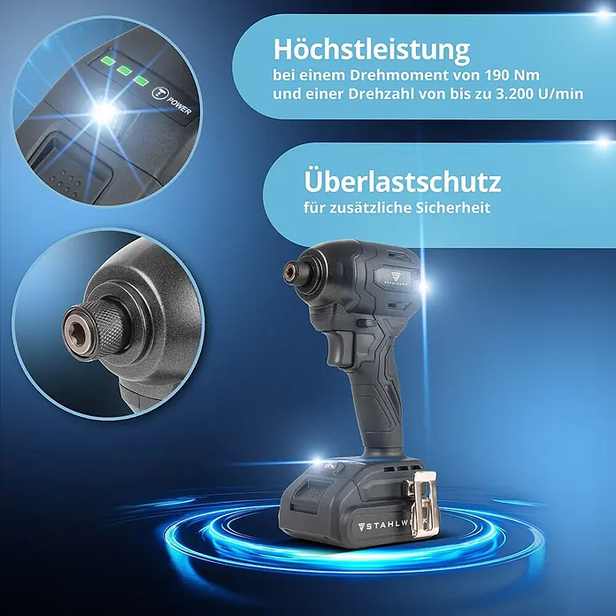 STAHLWERK Akku-Schlagschrauber ADS-190 ST - 20 V, 1 Akku, 2 Ah, 190 Nm - Dunkelgrauer Akku-Schlagschrauber mit 190 Nm Drehmoment, 3200 U/min, Überlastschutz und Akkuanzeige.