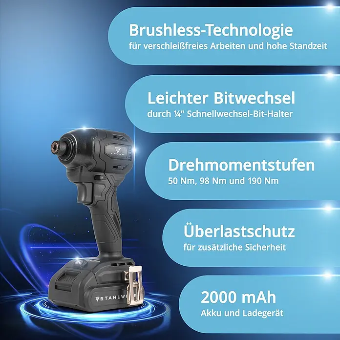 STAHLWERK Akku-Schlagschrauber ADS-190 ST - 20 V, 1 Akku, 2 Ah, 190 Nm - Schwarzer Akku-Schlagschrauber mit 2000 mAh Akku, bürstenloser Technologie, einfachem Bitwechsel, Drehmoment bis 190 Nm und Überlastschutz.