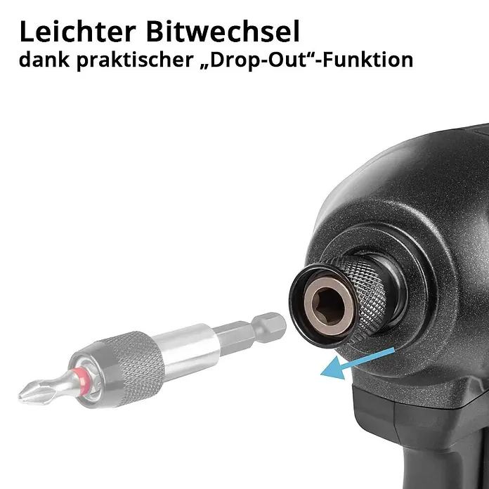 STAHLWERK Akku-Schlagschrauber ADS-190 ST - 20 V, 1 Akku, 2 Ah, 190 Nm - Schwarzes Schlagschrauberfutter nimmt silbernen Bithalter mit Kreuzschlitzbit auf, zeigt einfachen Bitwechsel.
