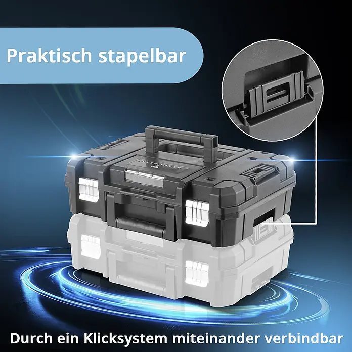 STAHLWERK Akku-Schlagschrauber 20V 800 Nm - 20 V, 4 Ah, 880 Nm - Schwarze und weiße stapelbare Werkzeugkisten, durch Klicksystem miteinander verbunden.