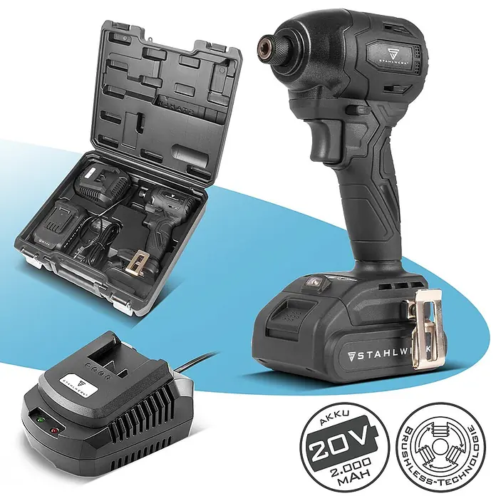 STAHLWERK Akku-Schlagschrauber ADS-190 ST - 20 V, 1 Akku, 2 Ah, 190 Nm - Schwarzer Schlagschrauber mit Akku, Ladegerät und Koffer. Logos zeigen 20V 2000 mAh Akku und bürstenlose Technologie.