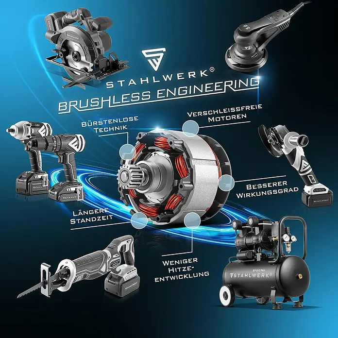 STAHLWERK Kompressor ADK-20 ST - 72 W, Schmierung: Ohne - STAHLWERK Elektrowerkzeuge und Kompressor zeigen Vorteile der bürstenlosen Technologie: verschleißfrei, effizient, weniger Wärme, lange Lebensdauer.