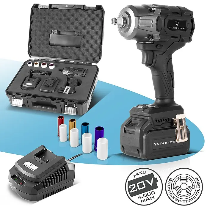 STAHLWERK Akku-Schlagschrauber 20V 800 Nm - 20 V, 4 Ah, 880 Nm - Schwarzer Akku-Schlagschrauber-Satz mit Ladegerät, Akku, Koffer und farbigen Aufsätzen.