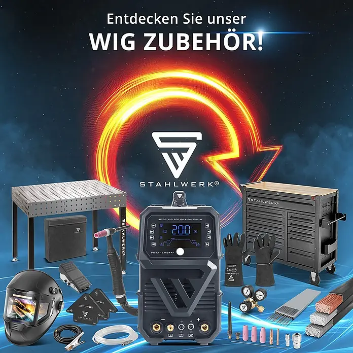 STAHLWERK WIG-Schweißgerät Kombi Schweißgerät DC WIG 200 ST - Schweißstrom: 200 A, 230 V - Dunkelgraue STAHLWERK WIG 200 Puls Pro Digital Schweißmaschine, umgeben von WIG-Schweißzubehör wie Helm, Handschuhen, Tisch und Brennern.