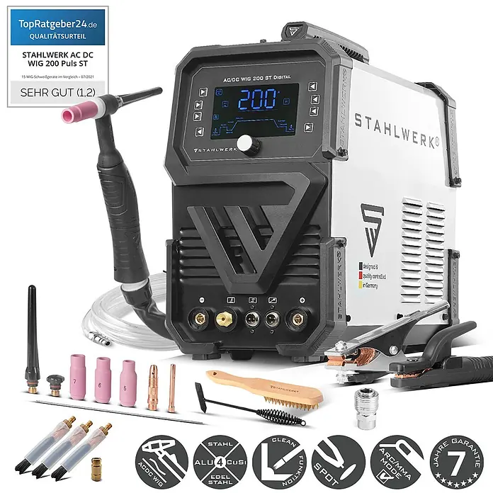 STAHLWERK WIG-Schweißgerät AC/DC WIG 200 ST Digital - Schweißstrom: 200 A, 230 V - Stahlwerk AC DC WIG 200 Puls ST Schweißgerät mit Digitalanzeige, Brenner und komplettem Zubehör-Kit für diverse Schweißarbeiten.