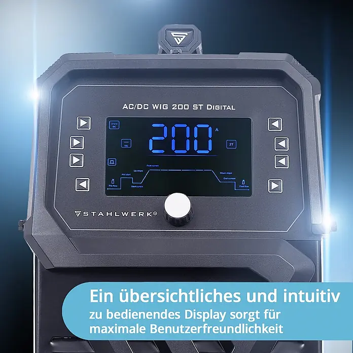 STAHLWERK WIG-Schweißgerät Schweißgerät AC/DC WIG 200 ST Digital Vollausstattung -  - Dunkelgraues AC/DC WIG 200 ST Digital Schweißgerät mit blauem Digitaldisplay zur klaren und intuitiven Parametersteuerung.