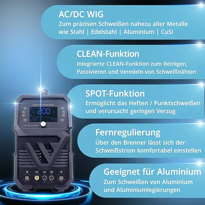 STAHLWERK WIG-Schweißgerät Schweißgerät AC/DC WIG 200 ST Digital Vollausstattung -  - Dunkelgraues STAHLWERK AC/DC WIG 200 ST Digital Schweißgerät mit Digitalanzeige und verschiedenen Anschlüssen zum Schweißen diverser Metalle.