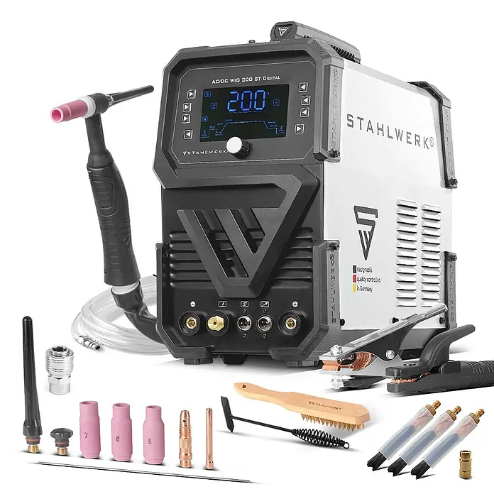 STAHLWERK WIG-Schweißgerät AC/DC WIG 200 ST Digital - Schweißstrom: 200 A, 230 V - Stahlwerk AC/DC WIG 200 ST Digital Schweißgerät mit Brenner, Masseklemme, Elektrodenhalter und Zubehör.