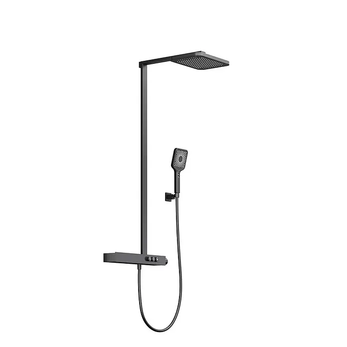 Vola Duschsystem -  - Mattschwarzes Duschsystem mit quadratischem Kopfbrause, flexibler Handbrause und integrierter Steuereinheit.