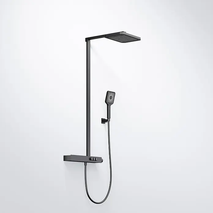Vola Duschsystem -  - Schwarzes Duschsystem mit rechteckiger Kopfbrause, Handbrause und flacher Bedieneinheit.