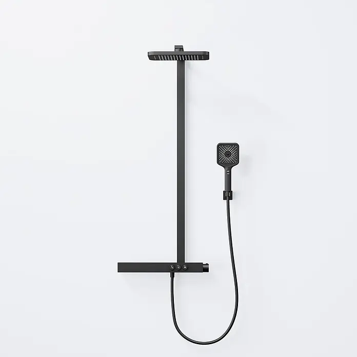 Vola Duschsystem -  - Modernes mattschwarzes Duschsystem mit quadratischem Regenbrausekopf, Handbrause, flexiblem Schlauch und Bedienknöpfen.
