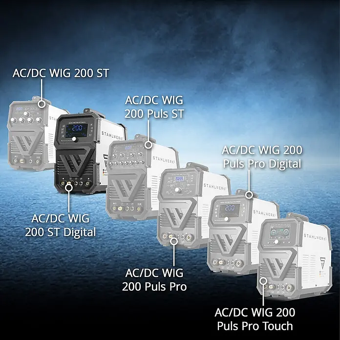 STAHLWERK WIG-Schweißgerät Schweißgerät AC/DC WIG 200 ST Digital Vollausstattung -  - Eine Reihe verschiedener Stahlwerk AC/DC WIG 200 Schweißgeräte, die verschiedene Modelle mit Digitalanzeigen zeigen.