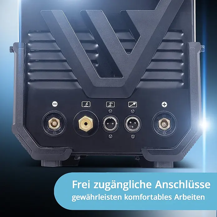 STAHLWERK WIG-Schweißgerät Schweißgerät AC/DC WIG 200 ST Digital Vollausstattung -  - Rückseite eines schwarzen Industriegeräts mit leicht zugänglichen gold- und silberfarbenen Anschlüssen.