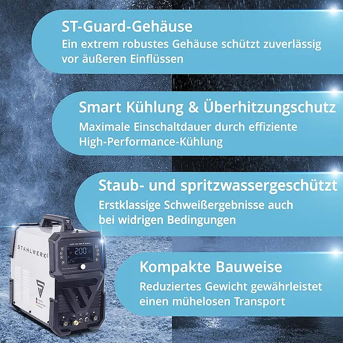 STAHLWERK WIG-Schweißgerät Schweißgerät AC/DC WIG 200 ST Digital Vollausstattung -  - Weiß-schwarzes Schweißgerät mit Digitalanzeige und robuster Bauweise, in rauer Umgebung mit Regeneffekten dargestellt.