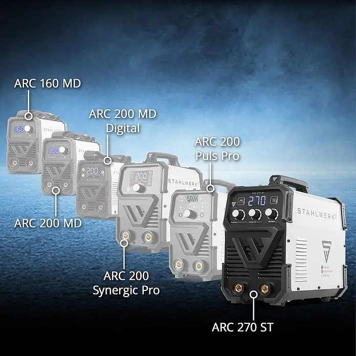 STAHLWERK Elektrodenschweißgerät Elektroden Schweißgerät ARC 270 ST - Schweißstrom: 30 A - 270 A, 400 V - Stahlwerk ARC Schweißgeräte-Reihe mit einem prominenten weißen/schwarzen ARC 270 ST Modell und weiteren ausgegrauten ARC Modellen.