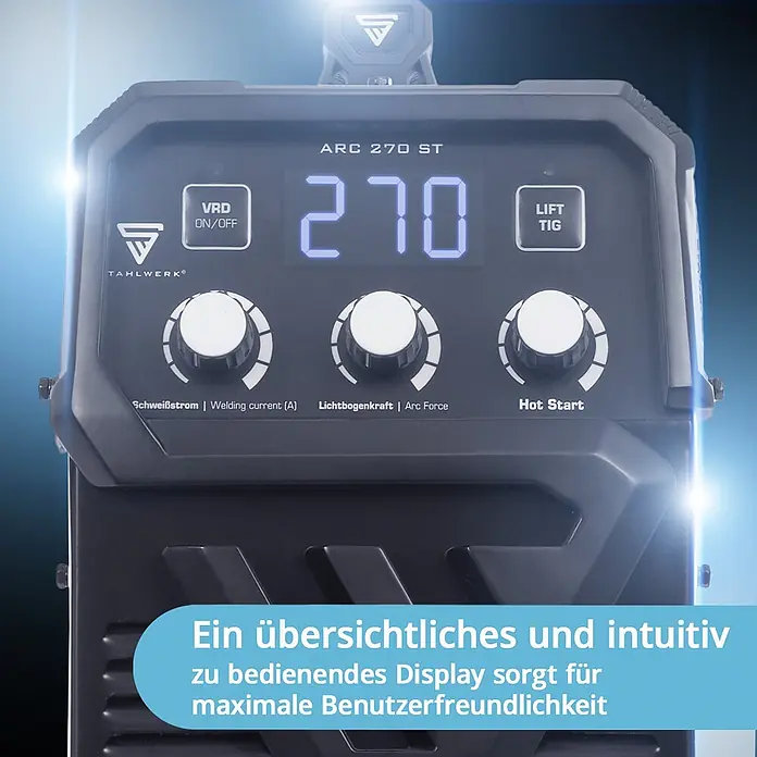 STAHLWERK Elektrodenschweißgerät Elektroden Schweißgerät ARC 270 ST - Schweißstrom: 30 A - 270 A, 400 V - Dunkelgraues Schweißgerät mit übersichtlichem Bedienfeld, digitaler Anzeige "270" und weißen Drehreglern.