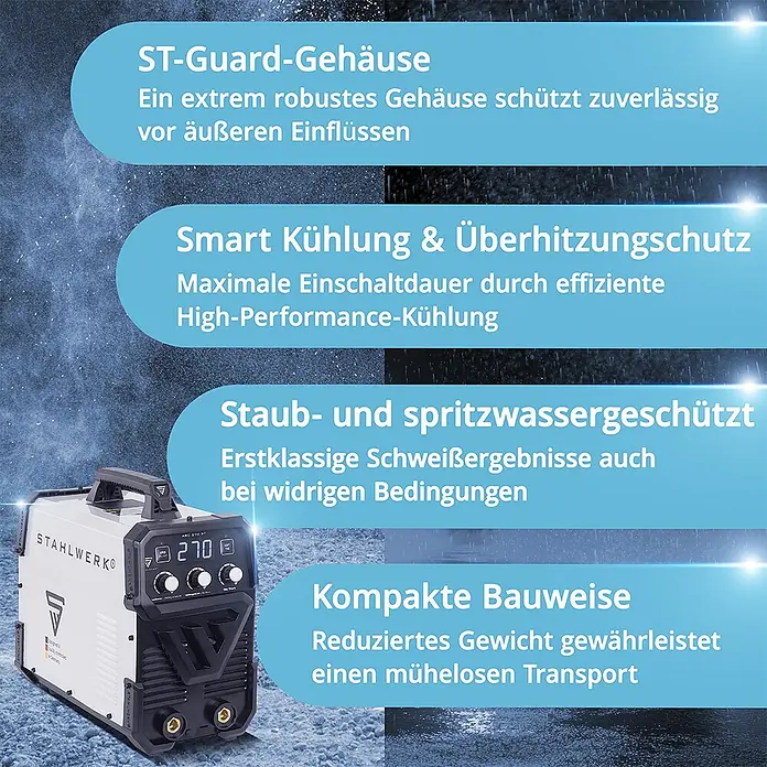 STAHLWERK Elektrodenschweißgerät Elektroden Schweißgerät ARC 270 ST - Schweißstrom: 30 A - 270 A, 400 V - Weißes und schwarzes tragbares Schweißgerät mit robustem, staub- und spritzwassergeschütztem Gehäuse.