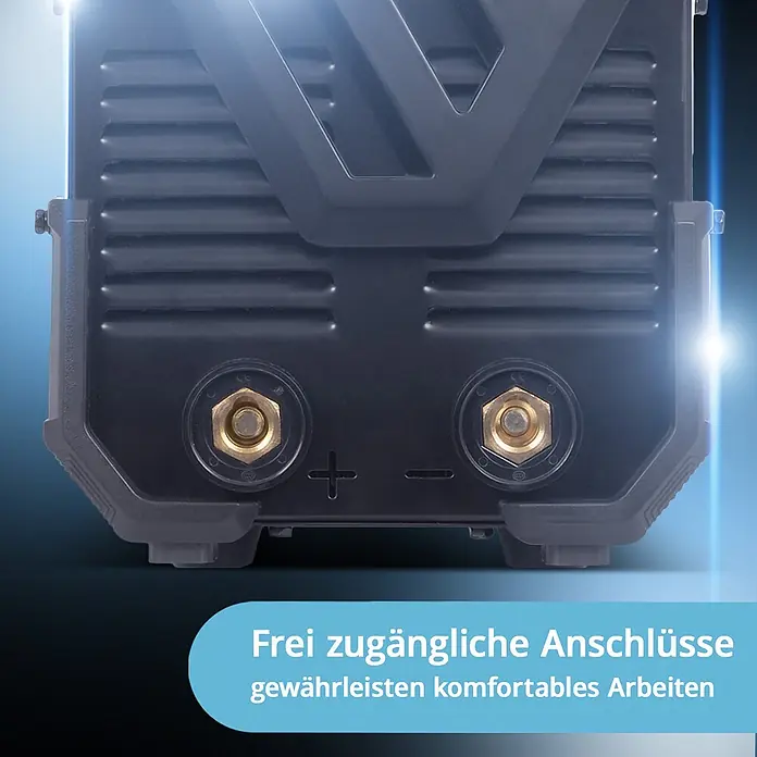STAHLWERK Elektrodenschweißgerät Elektroden Schweißgerät ARC 270 ST - Schweißstrom: 30 A - 270 A, 400 V - Schwarzes Industriegerät mit frei zugänglichen Messinganschlüssen (+/-) für komfortables Arbeiten.