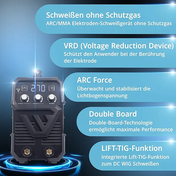 STAHLWERK Elektrodenschweißgerät Elektroden Schweißgerät ARC 270 ST - Schweißstrom: 30 A - 270 A, 400 V - Schwarzes und graues ARC/MMA-Schweißgerät mit Digitalanzeige und Drehreglern, das Funktionen wie VRD und LIFT-TIG zeigt.