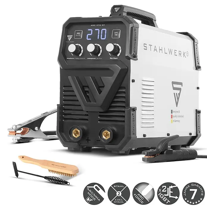 STAHLWERK Elektrodenschweißgerät Elektroden Schweißgerät ARC 270 ST - Schweißstrom: 30 A - 270 A, 400 V - Weiße und schwarze Stahlwerk ARC 270 ST Schweißmaschine mit Digitalanzeige, Drehknöpfen, Masseklemme, Bürste und Schlackenhammer.