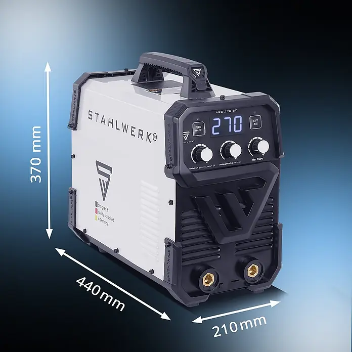 STAHLWERK Elektrodenschweißgerät Elektroden Schweißgerät ARC 270 ST - Schweißstrom: 30 A - 270 A, 400 V - Weiß-schwarzes Stahlwerk ARC 270 ST Schweißgerät mit Bedienfeld, Anschlüssen und angezeigten Maßen.