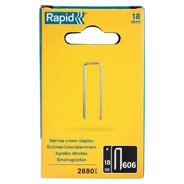 Rapid Grapa estrecha Tipo 606 - Profundidad de grapado: 18 mm, Anchura parte trasera: 6 mm, 2.880 ud. - Caja amarilla Rapid con 2880 grapas de corona estrecha de 18mm, modelo 606.