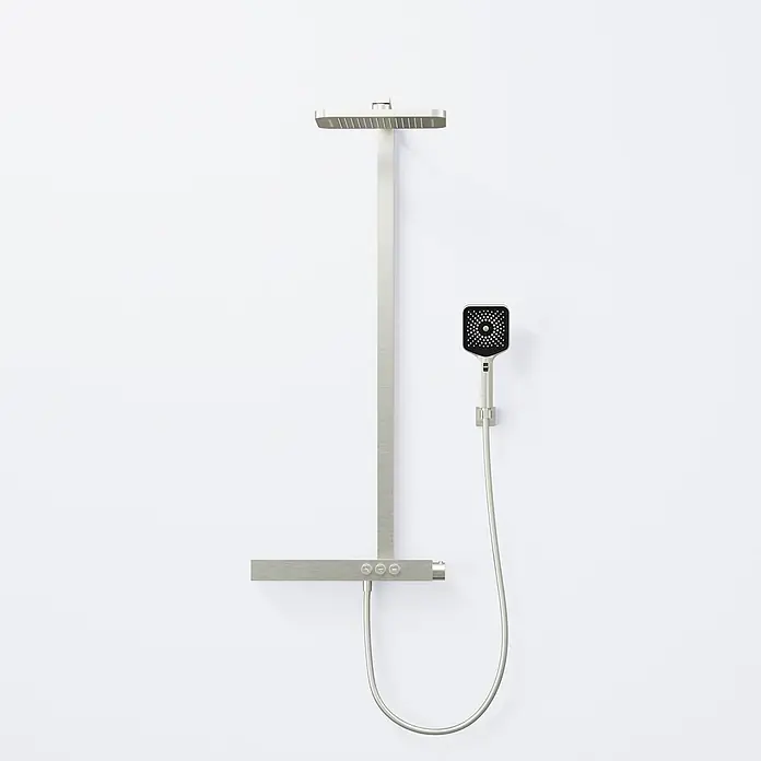 Vola Duschsystem -  - Duschsystem aus gebürstetem Metall mit quadratischer Kopfbrause, schwarzem Handbrausekopf und integrierten Bedienelementen.