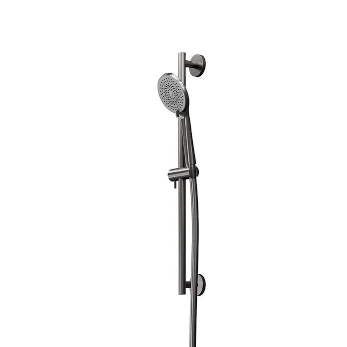 Vola Duschsystem -  - Dunkelmetallische Handbrause an einer Gleitstange mit Schlauch.