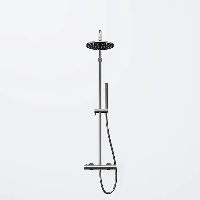 Vola Duschsystem -  - Duschsystem aus gebürstetem Metall mit Kopfbrause, Handbrause und Thermostat.