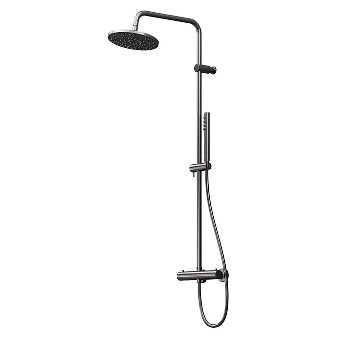 Vola Duschsystem -  - Dunkelgraues Thermostat-Duschsystem mit rundem Kopf und Handbrause.