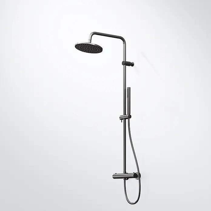 Vola Duschsystem -  - Dunkles Metall-Thermostat-Duschsystem mit rundem Regenbrausekopf und Handbrause.