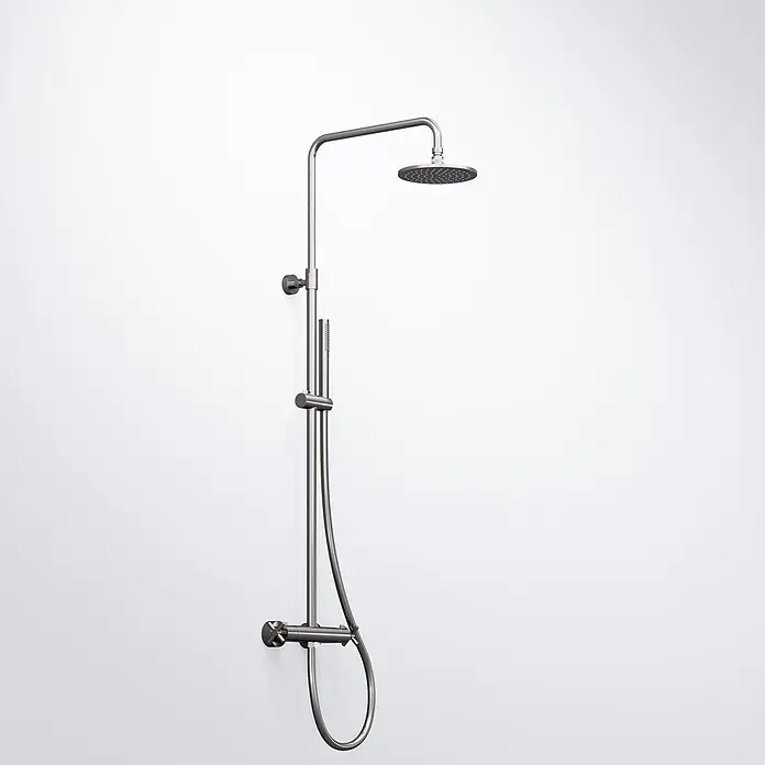 Vola Duschsystem -  - Gebürstetes Metall-Thermostat-Duschsystem mit Regenbrause und Handbrause.