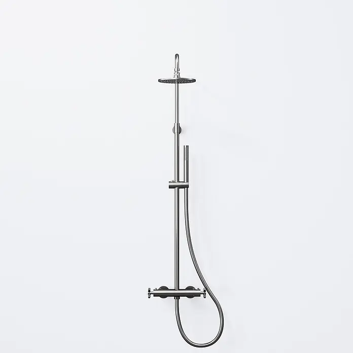 Vola Duschsystem -  - Metallisches Duschsystem mit rundem Regenbrausekopf, Handbrause, Schlauch und Thermostatmischer.