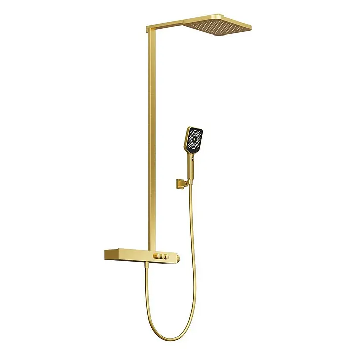Vola Duschsystem -  - Goldfarbenes Duschsystem mit quadratischem Kopf, Handbrause und Bedieneinheit.