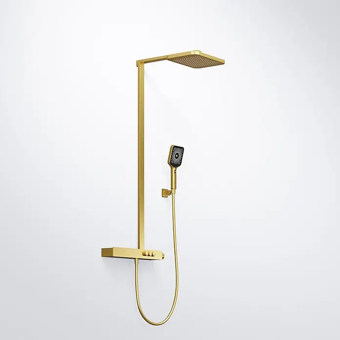 Vola Duschsystem -  - Goldene Duschsäule mit quadratischem Kopf- und Handbrause.